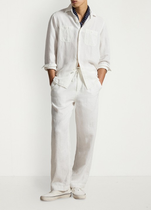 Ralph Lauren Classic fit overhemd in zijdeblend met borstzakken - voorkant 5 white / wit