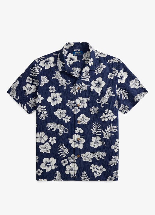 Ralph Lauren Classic fit overhemd met bloemenprint en structuur - voorkant 4 jaguar tropical / donkerblauw