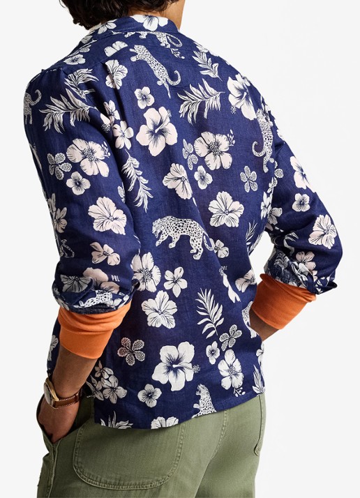 Ralph Lauren Classic fit overhemd van linnen met bloemenprint - achterkant 7163 jaguar tropical / donkerblauw