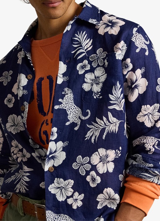Ralph Lauren Classic fit overhemd van linnen met bloemenprint - detail 5 7163 jaguar tropical / donkerblauw