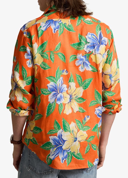 Ralph Lauren Classic fit overhemd van linnen met bloemenprint - achterkant 2 orange iconic hibiscus / oranje