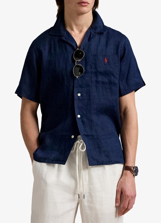 Ralph Lauren Classic fit overhemd van linnen met borstzak - detail donkerblauw