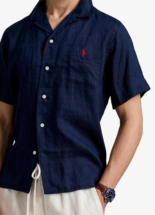 Ralph Lauren Classic fit overhemd van linnen met borstzak - detail 2 donkerblauw