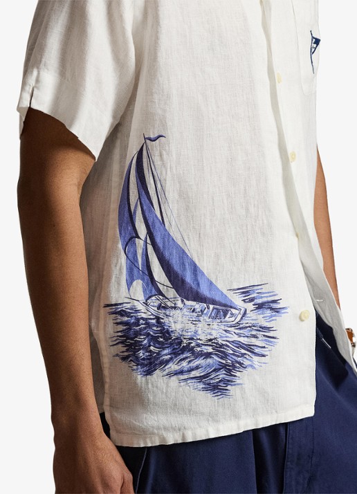 Ralph Lauren Classic fit overhemd van linnen met print - detail 5 vintage nautical sail / gebroken wit