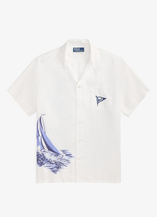 Ralph Lauren Classic fit overhemd van linnen met print - voorkant vintage nautical sail / gebroken wit