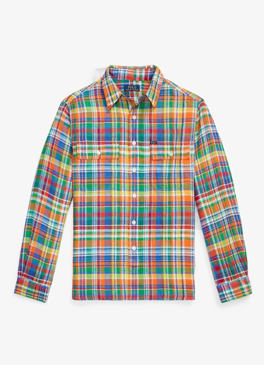 Ralph Lauren Classic fit overhemd van linnen met ruitdessin - voorkant 2 orange royal multi / oranje