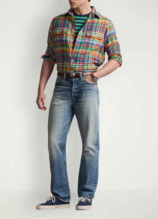 Ralph Lauren Classic fit overhemd van linnen met ruitdessin - voorkant 3 orange royal multi / oranje