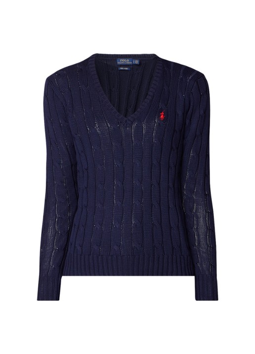 Ralph Lauren Classic kabelgebreide pullover met V-hals - voorkant 3 donkerblauw