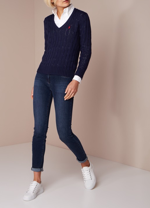 Ralph Lauren Classic kabelgebreide pullover met V-hals - voorkant 4 donkerblauw