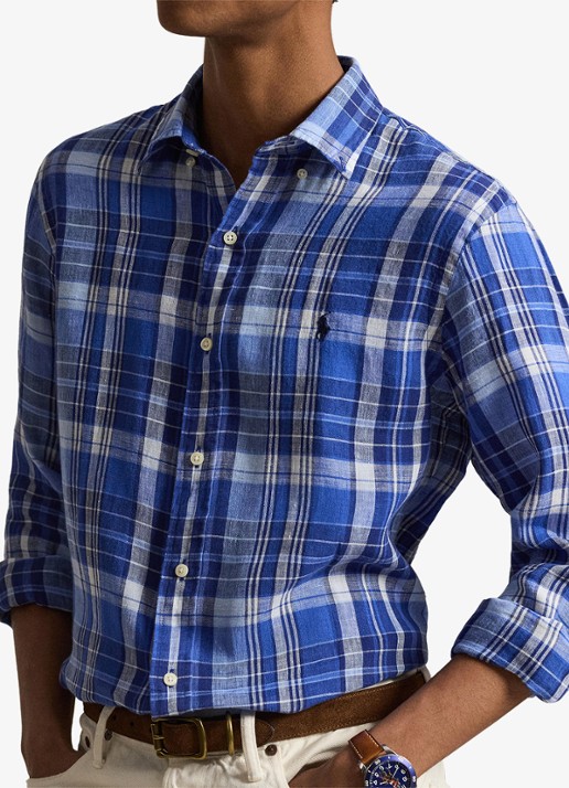 Ralph Lauren Costum fit overhemd van linnen met ruitdessin - detail 5 blue multi / blauw