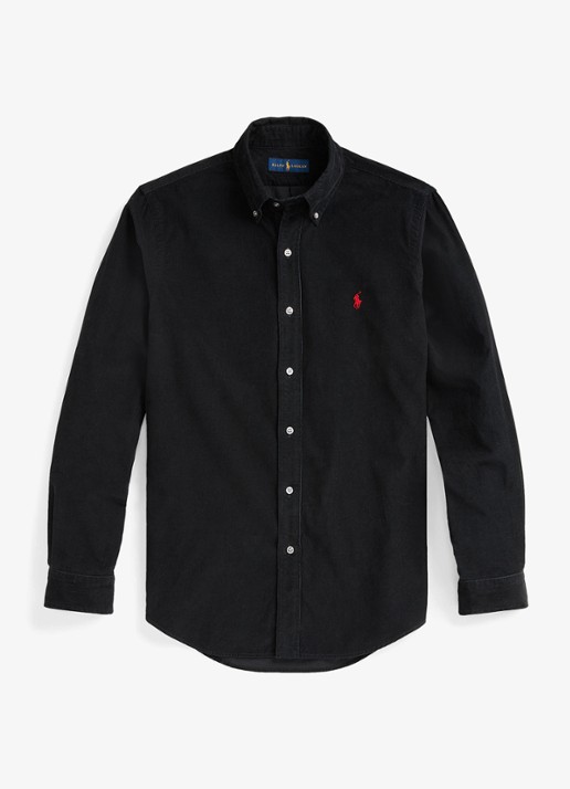 Ralph Lauren Custom fit button down-overhemd van corduroy - voorkant 3 polo black /  zwart