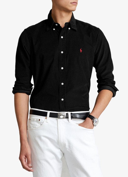 Ralph Lauren Custom fit button down-overhemd van corduroy - voorkant 4 polo black /  zwart