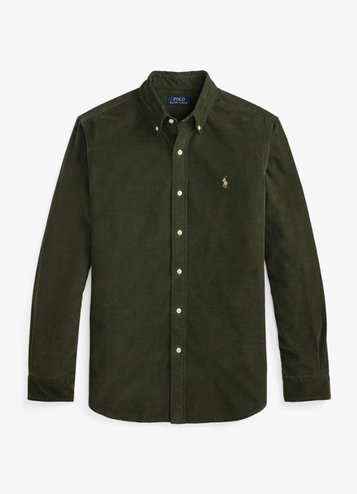 Ralph Lauren Custom fit button down-overhemd van corduroy - voorkant 4 company olive w/khaki / olijfgroen