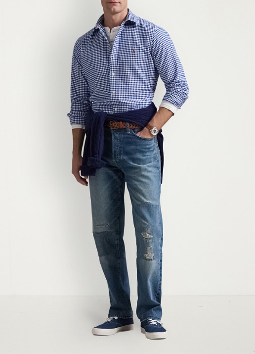 Ralph Lauren Custom fit button-down overhemd van katoen - voorkant 2 blue white gingham / blauw