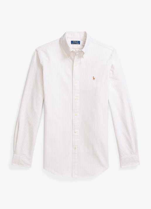 Ralph Lauren Custom fit gestreept Oxford overhemd - voorkant 2 coastal beige / beige