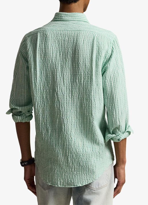 Ralph Lauren Custom fit overhemd in linnenblend met streepprint - achterkant green white / groen