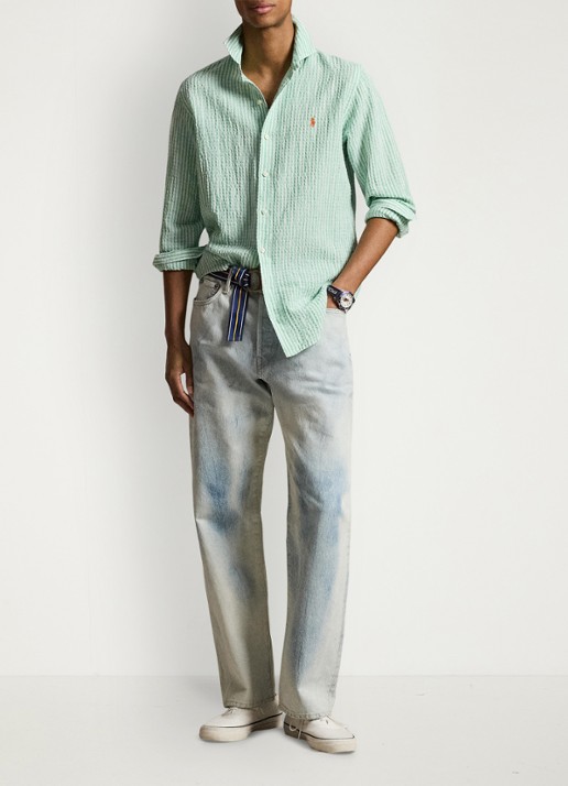 Ralph Lauren Custom fit overhemd in linnenblend met streepprint - detail 5 green white / groen