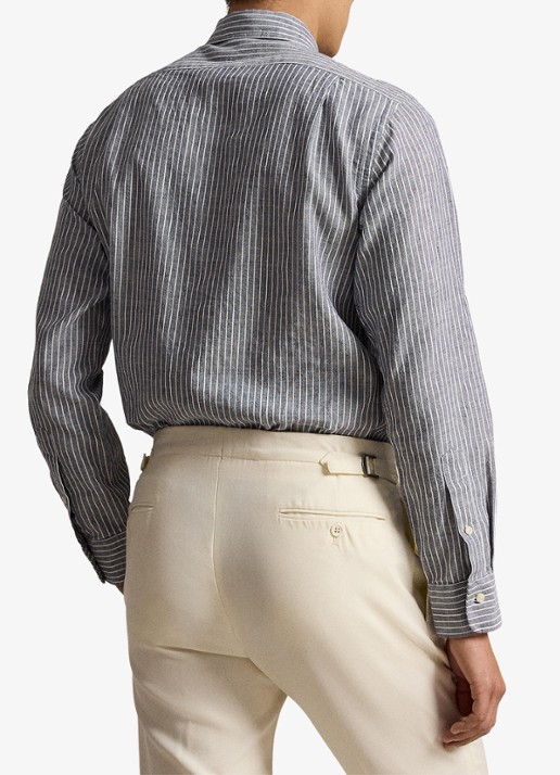Ralph Lauren Custom fit overhemd in linnenblend met streepprint - achterkant newport navy white / blauw