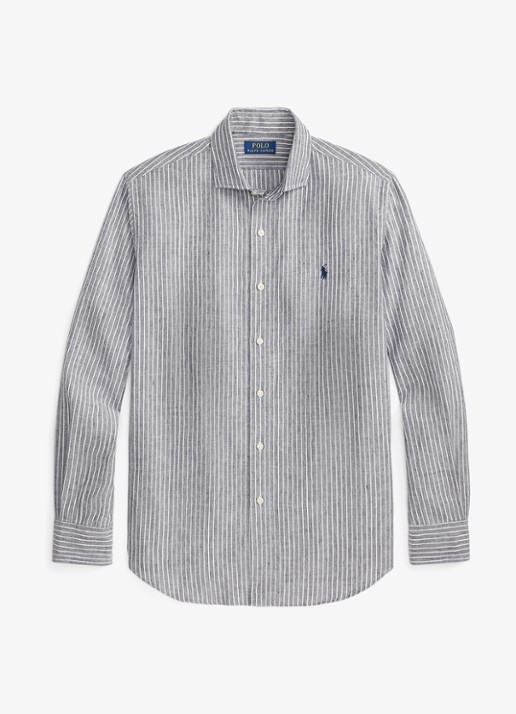 Ralph Lauren Custom fit overhemd in linnenblend met streepprint - voorkant 4 newport navy white / blauw