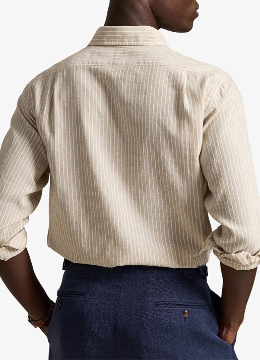 Ralph Lauren Custom fit overhemd in linnenblend met streepprint - achterkant coastal beige white / beige