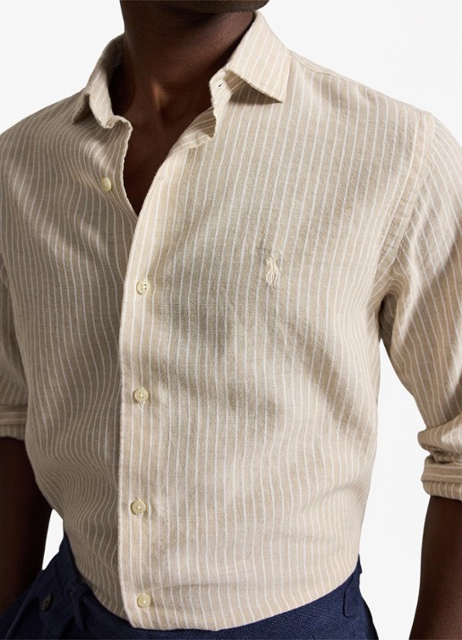 Ralph Lauren Custom fit overhemd in linnenblend met streepprint - detail 5 coastal beige white / beige