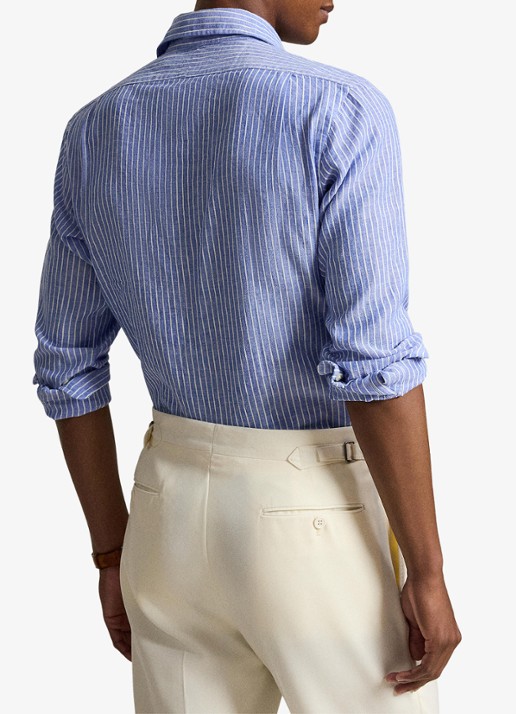 Ralph Lauren Custom fit overhemd in linnenblend met streepprint - achterkant 5 new iris blue white / blauw