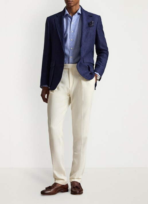Ralph Lauren Custom fit overhemd in linnenblend met streepprint - detail new iris blue white / blauw