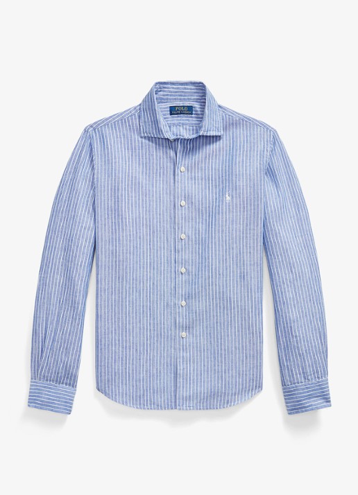 Ralph Lauren Custom fit overhemd in linnenblend met streepprint - voorkant 3 new iris blue white / blauw