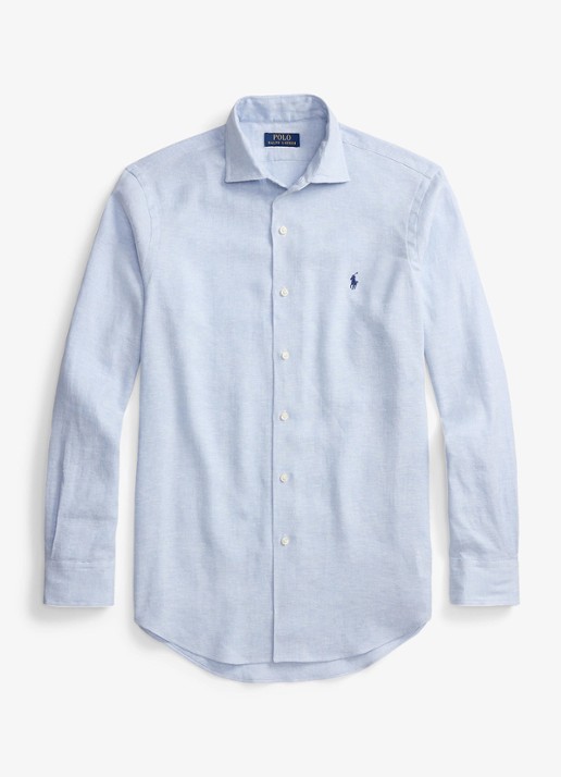 Ralph Lauren Custom fit overhemd in linnenblend - voorkant 5 7189 blue white / blauw