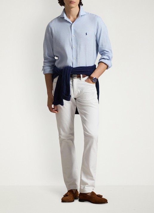 Ralph Lauren Custom fit overhemd in linnenblend - voorkant 6 7189 blue white / blauw