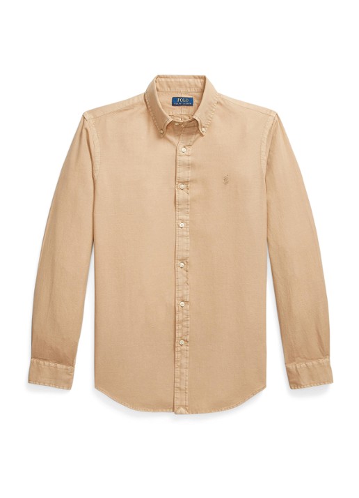 Ralph Lauren Custom fit overhemd met logoborduring - voorkant surrey tan / bruin