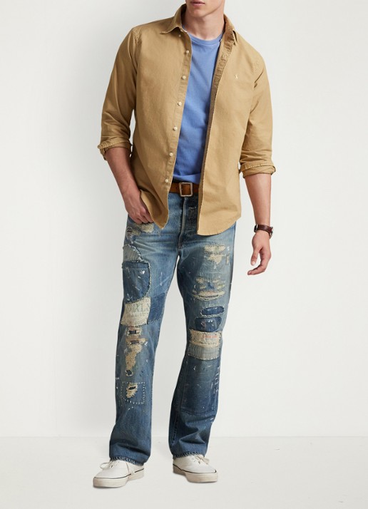 Ralph Lauren Custom fit overhemd met logoborduring - voorkant 2 cafe tan