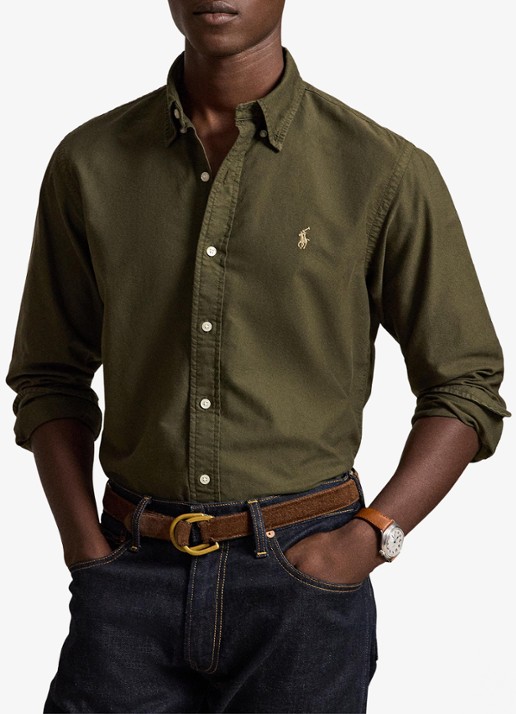 Ralph Lauren Custom fit overhemd met logoborduring - voorkant 5 company olive / olijfgroen