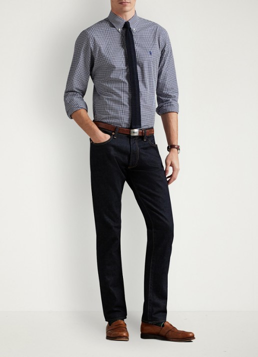 Ralph Lauren Custom fit overhemd met ruitdessin en logoborduring - voorkant 2 newport navy white / donkerblauw