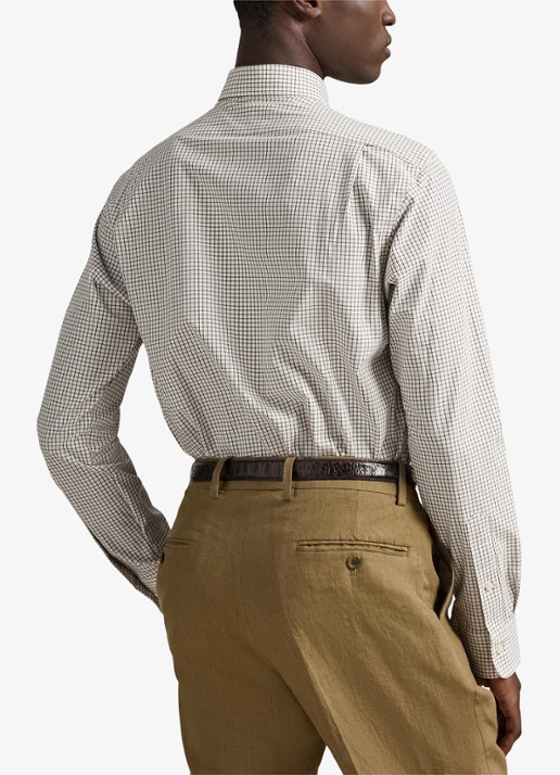Ralph Lauren Custom fit overhemd met ruitdessin en logoborduring - achterkant white chocolate brown / bruin