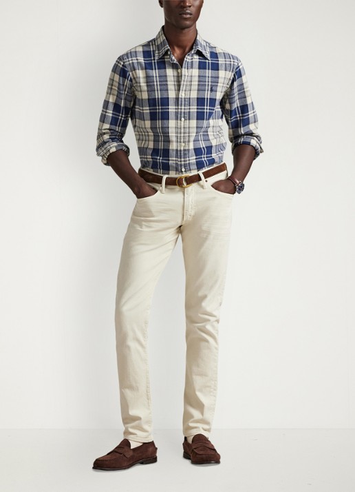 Ralph Lauren Custom fit overhemd met ruitdessin en logoborduring - voorkant 4 off white navy / blauw