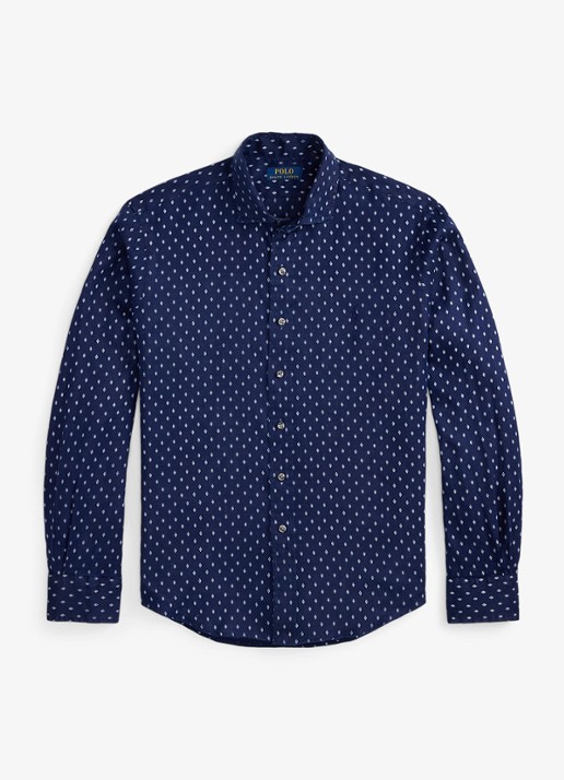 Ralph Lauren Custom fit overhemd van linnen met geometrische print - voorkant 4 newport geo / donkerblauw