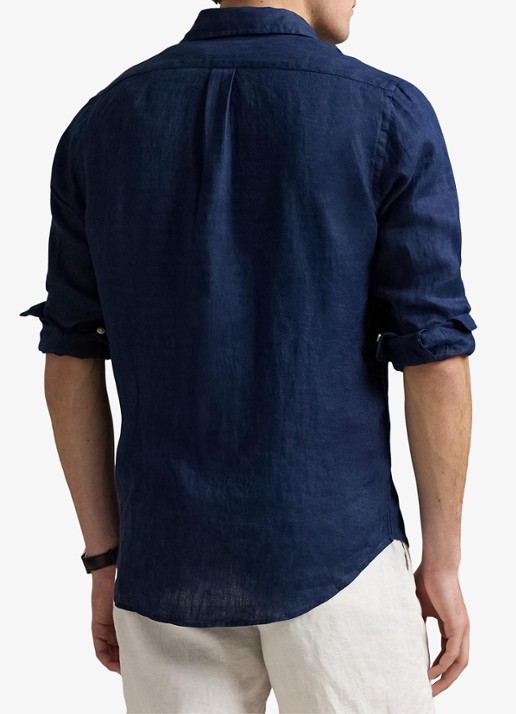 Ralph Lauren Custom Fit overhemd van linnen - achterkant newport navy / donkerblauw