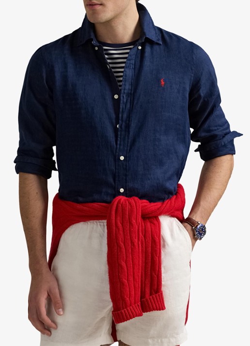 Ralph Lauren Custom Fit overhemd van linnen - detail 3 newport navy / donkerblauw