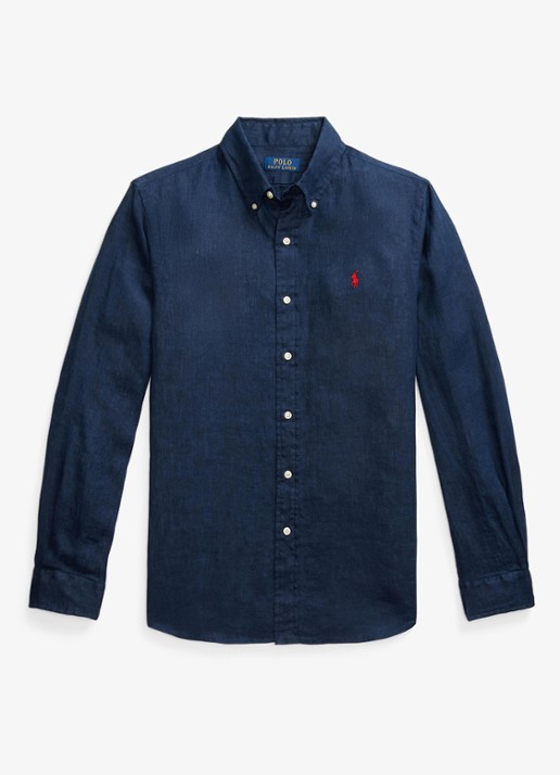 Ralph Lauren Custom Fit overhemd van linnen - voorkant 7 newport navy / donkerblauw