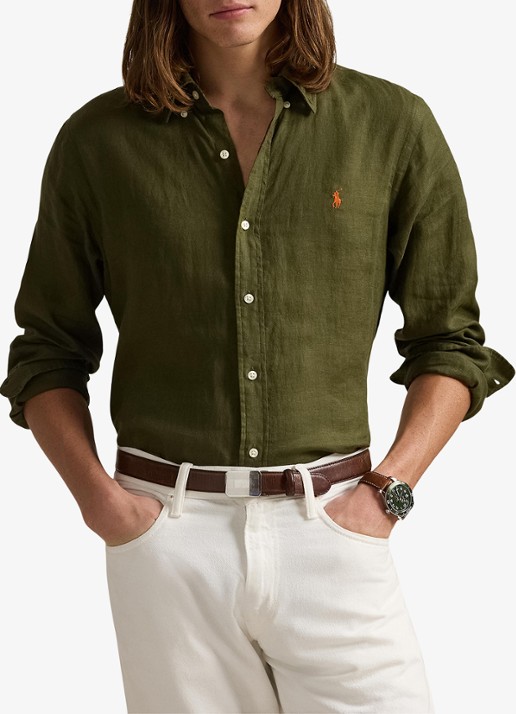 Ralph Lauren Custom Fit overhemd van linnen - detail 2 new olive / olijfgroen