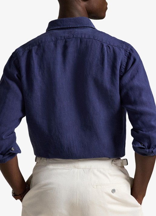 Ralph Lauren Custom fit overhemd van linnen - achterkant 5 newport navy / donkerblauw