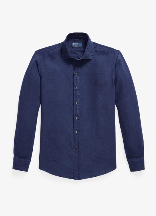 Ralph Lauren Custom fit overhemd van linnen - voorkant 6 newport navy / donkerblauw