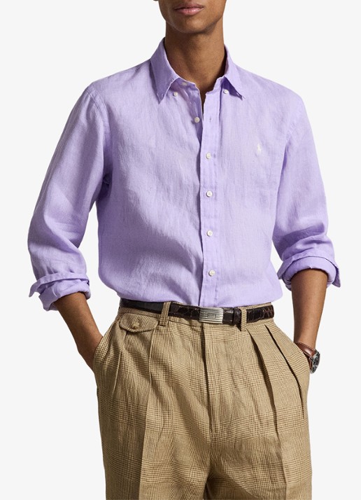 Ralph Lauren Custom Fit overhemd van linnen - voorkant 2 powder purple/cream pp-zy4d