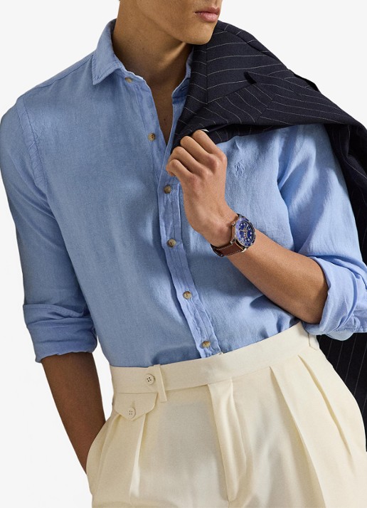 Ralph Lauren Custom fit overhemd van linnen - voorkant 2 austin blue / blauw