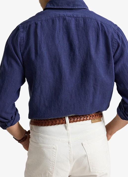 Ralph Lauren Custom fit overhemd van linnen - achterkant 3 newport navy / donkerblauw