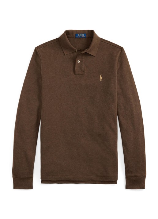 Ralph Lauren Custom Slim fit polo van piqué katoen met lange mouw - voorkant 3 nutmeg brown heather/c8526-47x3