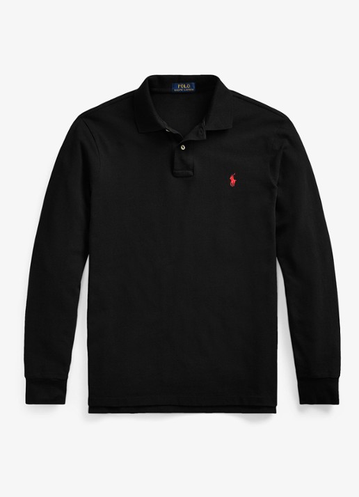 Ralph Lauren Custom Slim fit polo van piqué katoen met lange mouw - voorkant 2 polo black / zwart