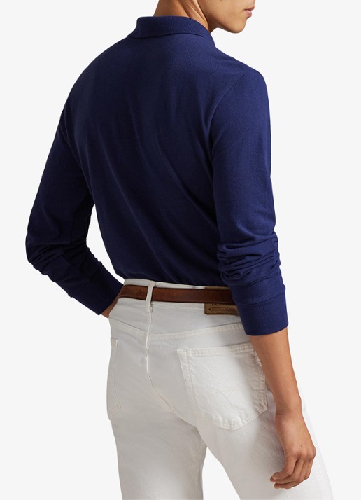 Ralph Lauren Custom Slim fit polo van piqué katoen met lange mouw - achterkant newport navy / donkerblauw