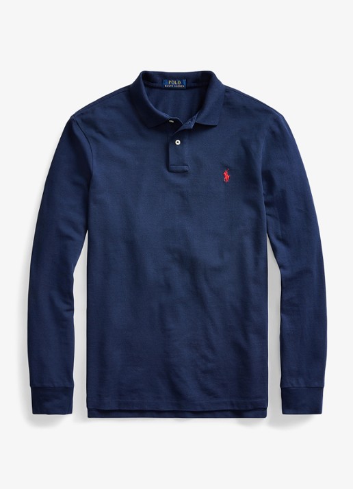Ralph Lauren Custom Slim fit polo van piqué katoen met lange mouw - voorkant 2 newport navy / donkerblauw